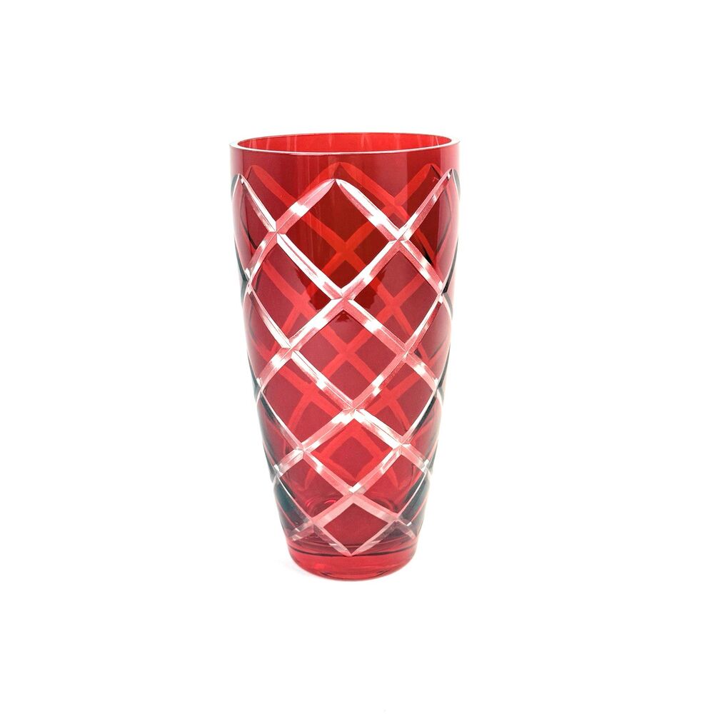 Vtg Boho Ruby Red Flash Glass Vase Diamond Lattice Criss Cross Cut Overlay 8.5"